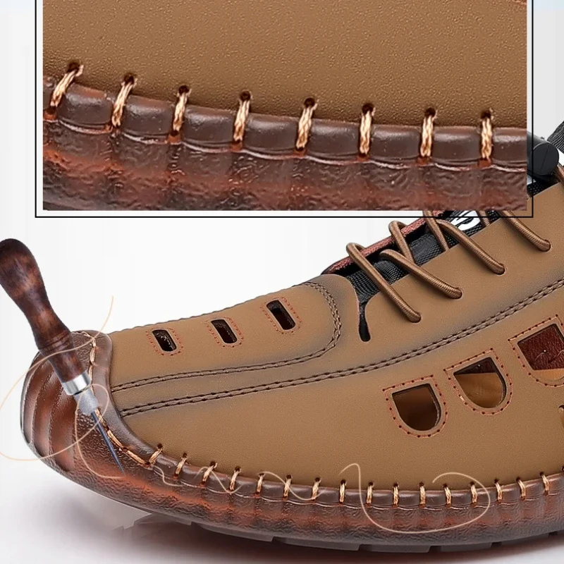 Men's Soft Leather 2024 Summer Men Leather Sandals Breathable Non-slip Cow Tendon Sole Casual Leather Shoes Outdoor Beach Shoes thumbnail 6