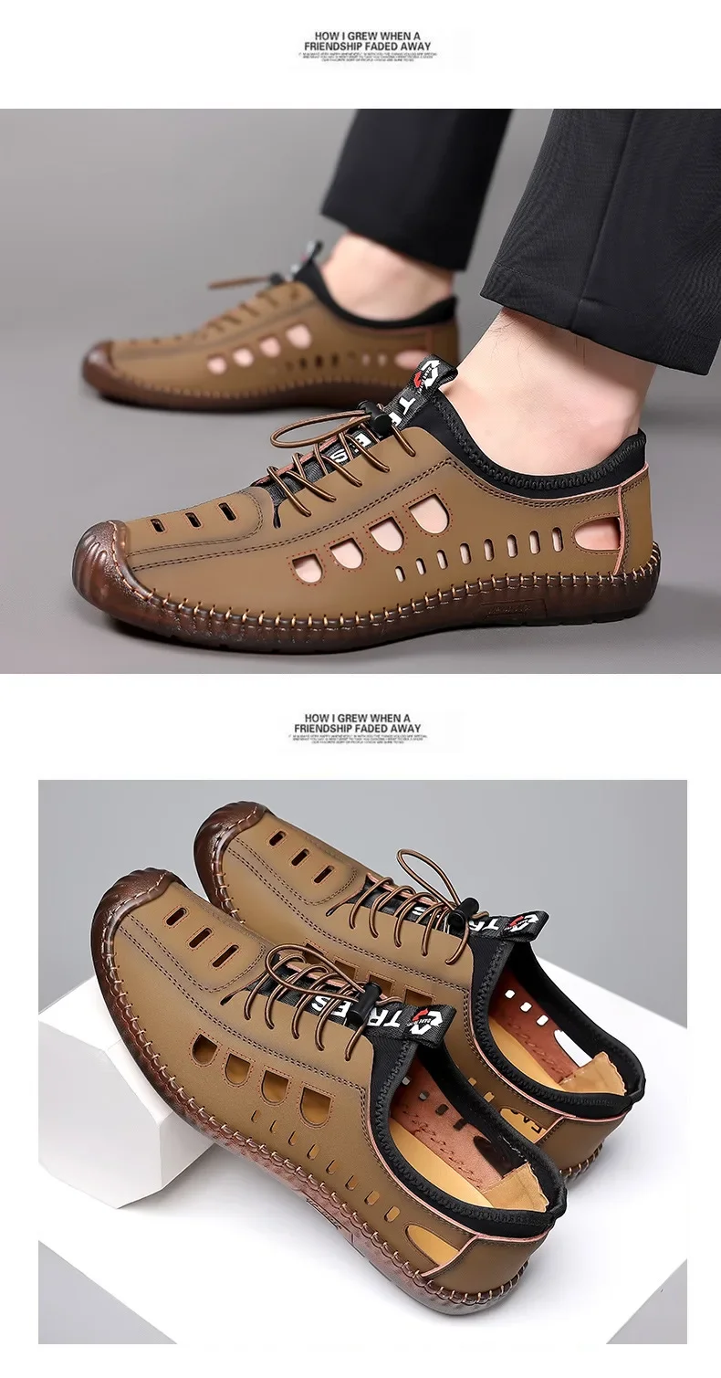 Men's Soft Leather 2024 Summer Men Leather Sandals Breathable Non-slip Cow Tendon Sole Casual Leather Shoes Outdoor Beach Shoes thumbnail 3