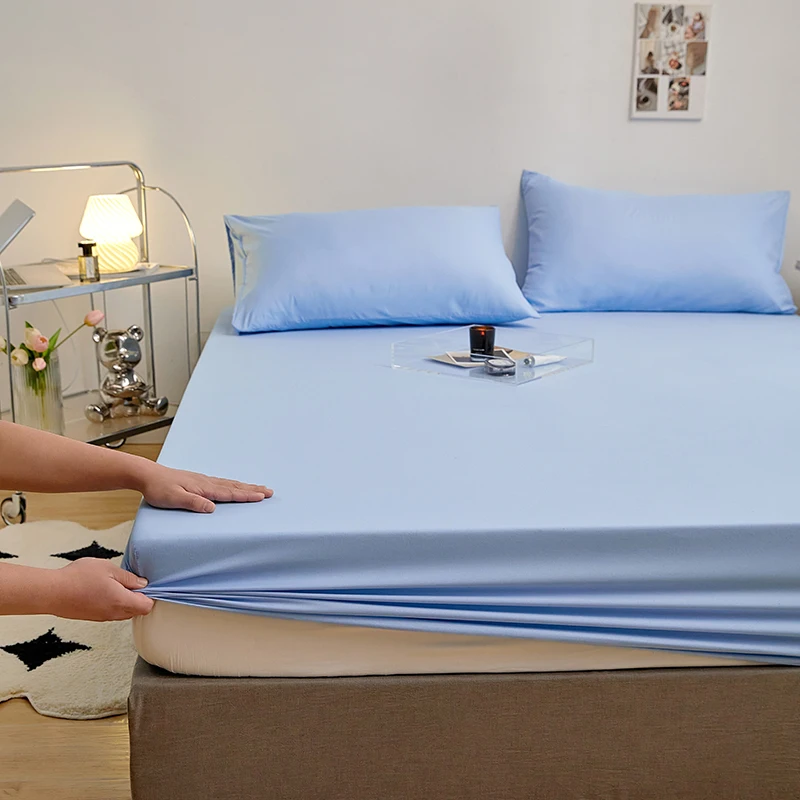 Kuup Polyester 3pcs Solid Color Queen Size Bedding Set - Fitted Sheet & Pillowcases with Elastic Band Mattress Cover thumbnail 3