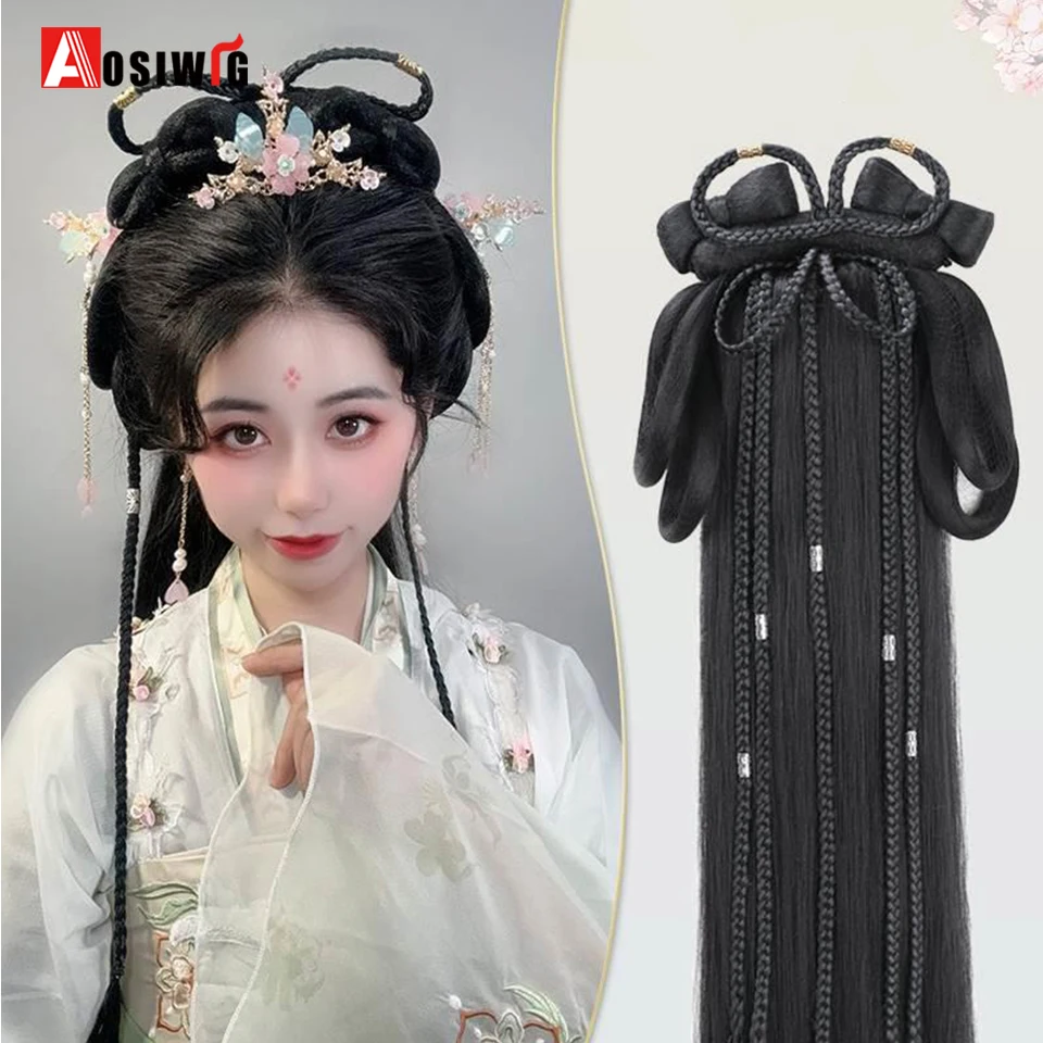 Synthetic Hanfu Ancient Style Headband Braid Integrated headband Wig Women Chinese Style Hair Piece Antique Modelling Cosplay Ha thumbnail 6