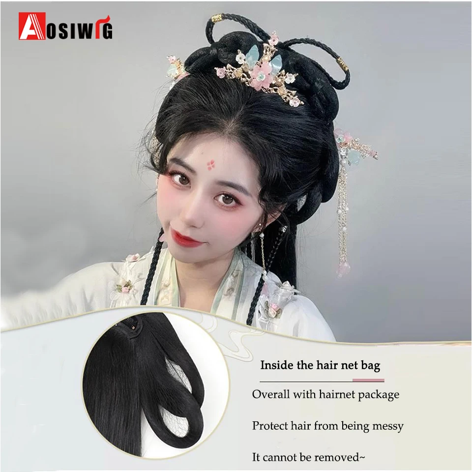 Synthetic Hanfu Ancient Style Headband Braid Integrated headband Wig Women Chinese Style Hair Piece Antique Modelling Cosplay Ha thumbnail 3