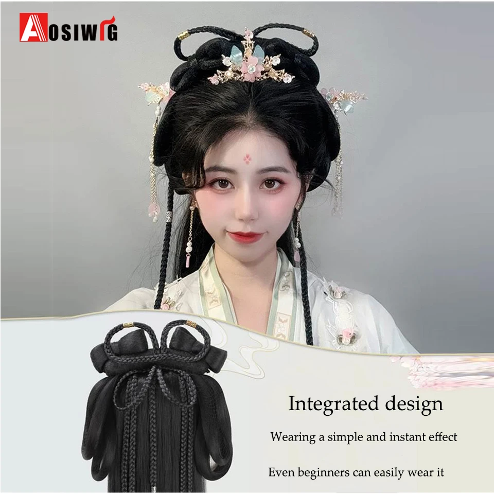 Synthetic Hanfu Ancient Style Headband Braid Integrated headband Wig Women Chinese Style Hair Piece Antique Modelling Cosplay Ha thumbnail 2