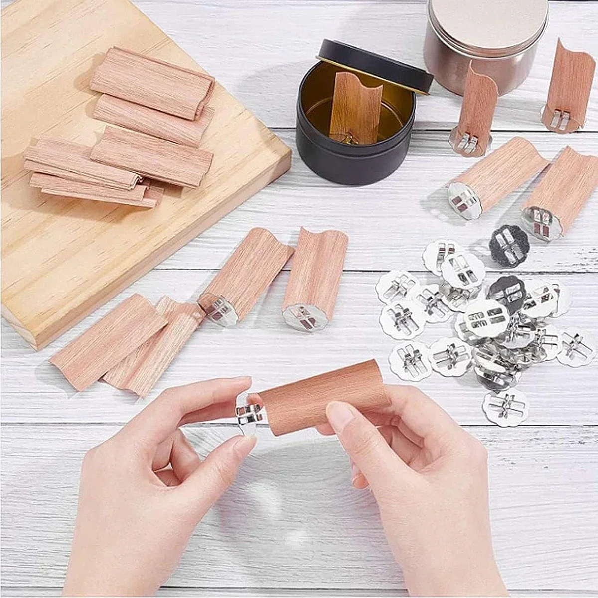 10pcs/set S-Shaped Wooden Candle Wicks Eco-friendly Smokeless Big Flame Wooden Wax Core & Base Clamp Candle Jar DIY Candle Kit thumbnail 5