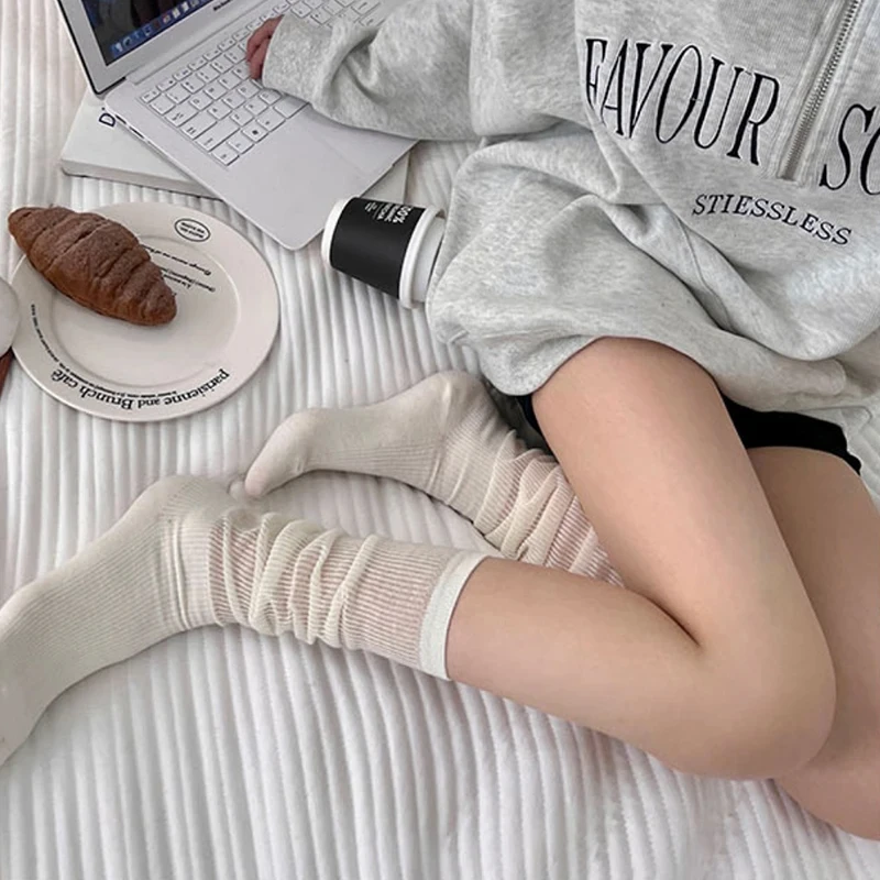 2 Pcs Women Lolita Socks Y2K Solid Long Loose Knee-socks Female Spring Breathable Lace Casual Sweet Soft Korean Middle Stockings thumbnail 4