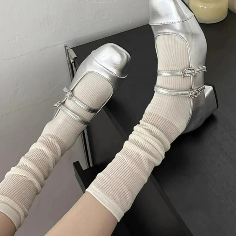 2 Pcs Women Lolita Socks Y2K Solid Long Loose Knee-socks Female Spring Breathable Lace Casual Sweet Soft Korean Middle Stockings thumbnail 3