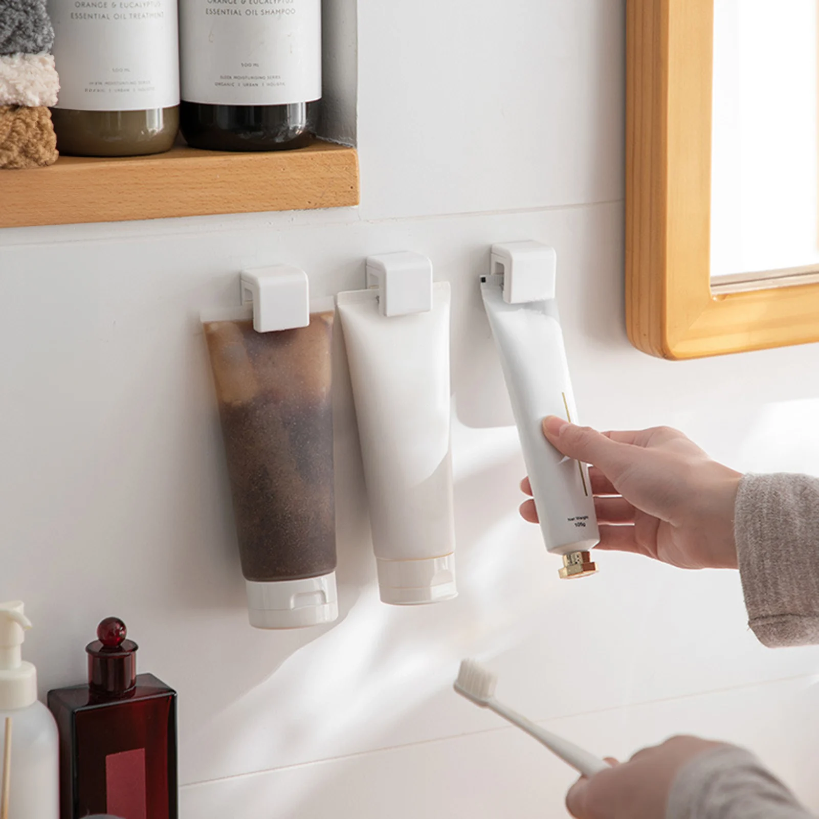 Wall Mounted Toothpaste Holder No Drilling Bathroom Organizer Hanging Shower Shelf for Toothbrush Face Wash Storage thumbnail 2