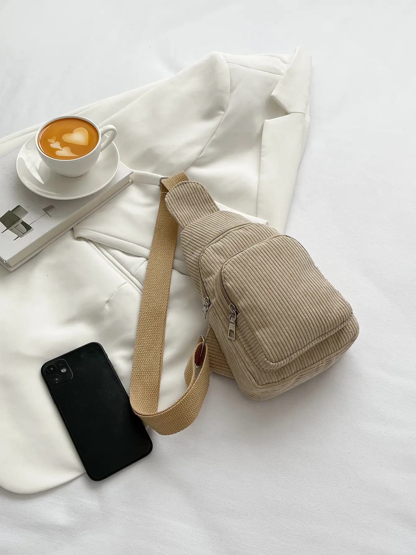 Chest bag corduroy women's chest bag casual lightweight waist bag Korean style versatile pure color extra soft crossbody small bag simple corduroy shoulder crossbody bag thumbnail 6