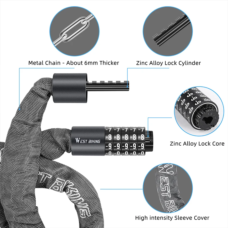WEST BIKING Portable Bike Chain Lock High Security Anti-theft Thicken Mountain Bike Lock For Scooter E-Bike Outdoor Cycling thumbnail 3