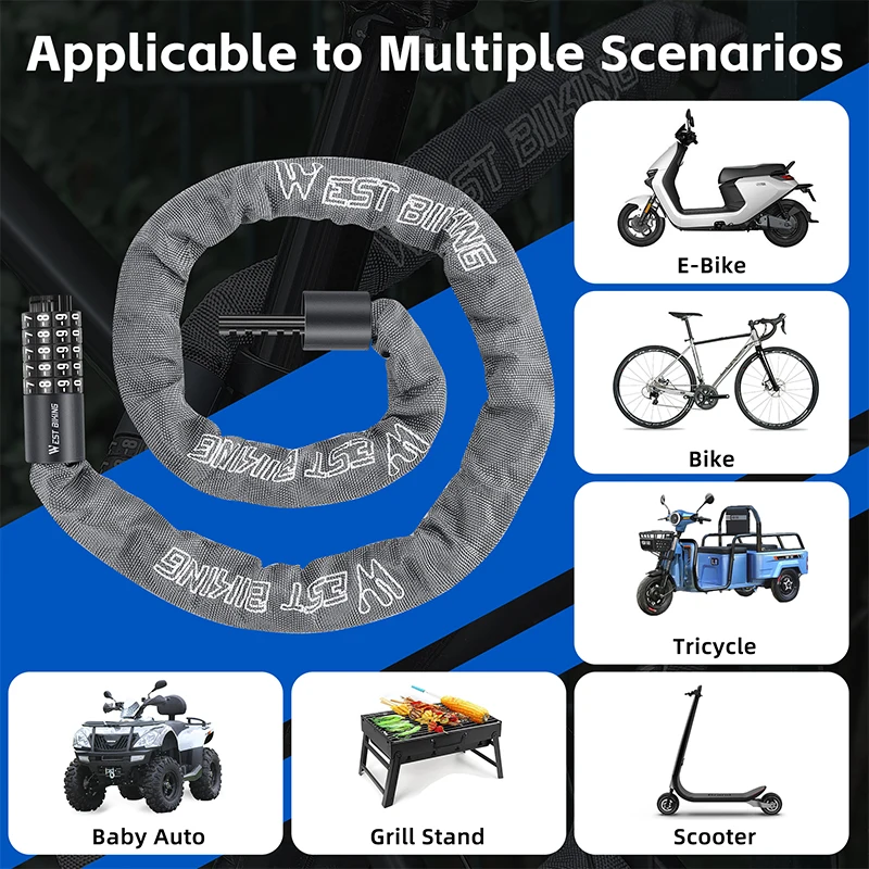 WEST BIKING Portable Bike Chain Lock High Security Anti-theft Thicken Mountain Bike Lock For Scooter E-Bike Outdoor Cycling thumbnail 5