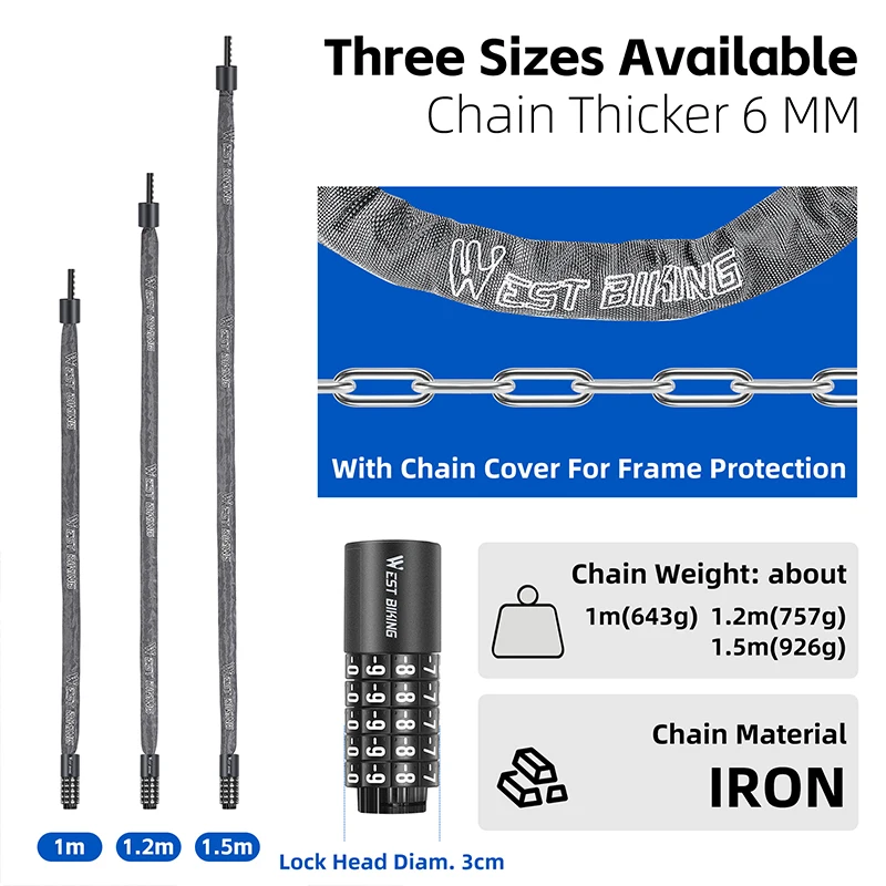 WEST BIKING Portable Bike Chain Lock High Security Anti-theft Thicken Mountain Bike Lock For Scooter E-Bike Outdoor Cycling thumbnail 4