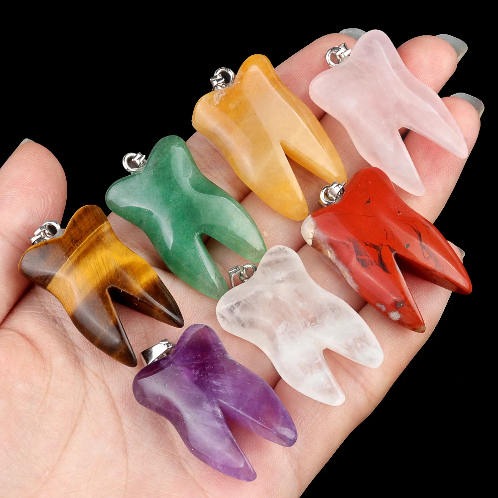 32x20mm Cute Tooth Shape Pendant Natural Stone Crystal Rose Quartz Charms for Jewelry Making DIY Necklace Earrings Accessories