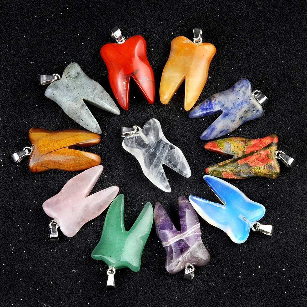 32x20mm Cute Tooth Shape Pendant Natural Stone Crystal Rose Quartz Charms for Jewelry Making DIY Necklace Earrings Accessories thumbnail 5