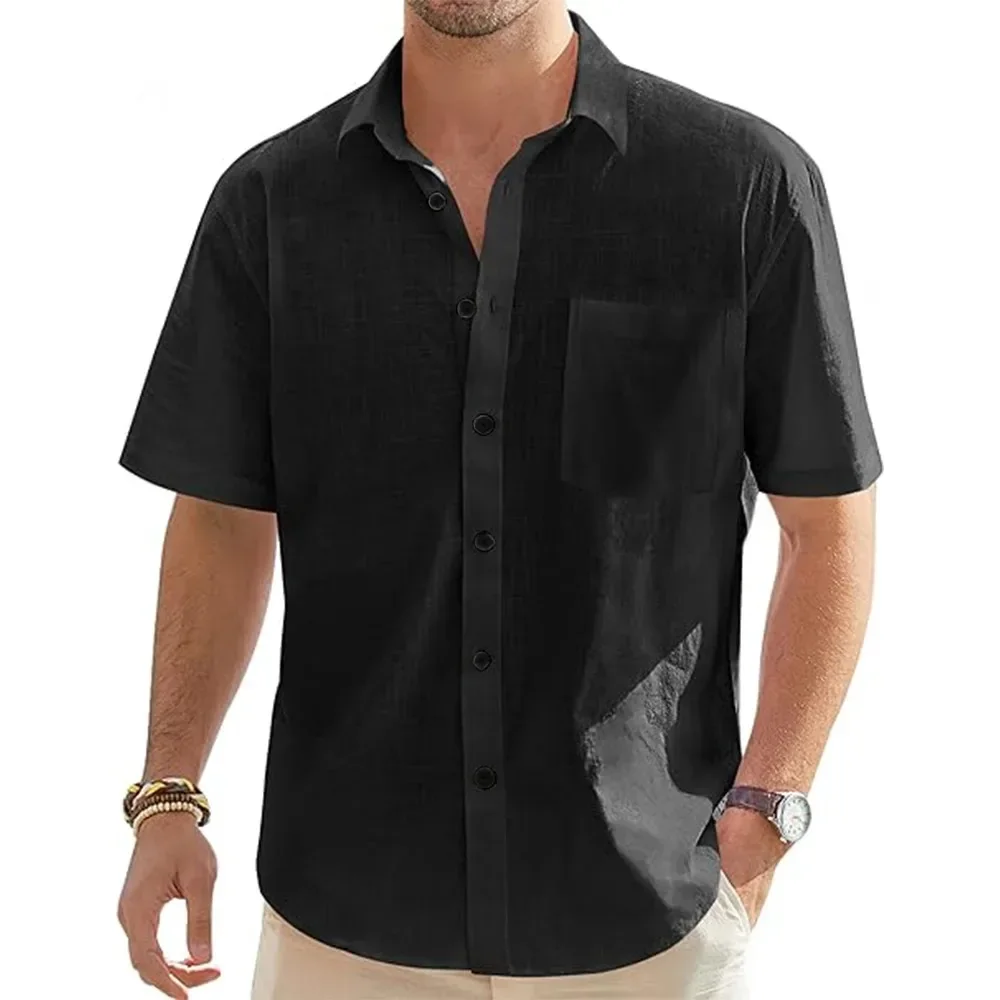 Men's Solid Color Cotton Linen Short Sleeve Shirts Vacation Beach Summer Tops with Pocket Casual Lightweight Button Shirts thumbnail 2