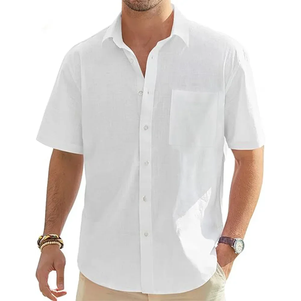 Men's Solid Color Cotton Linen Short Sleeve Shirts Vacation Beach Summer Tops with Pocket Casual Lightweight Button Shirts thumbnail 4