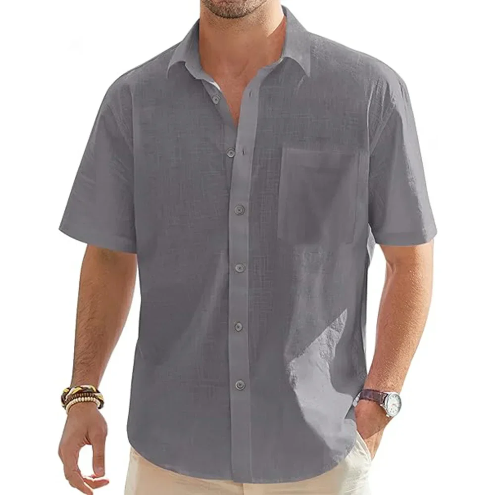 Men's Solid Color Cotton Linen Short Sleeve Shirts Vacation Beach Summer Tops with Pocket Casual Lightweight Button Shirts thumbnail 3