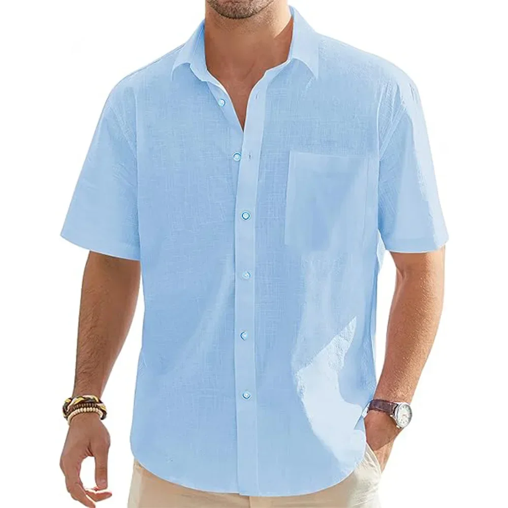 Men's Solid Color Cotton Linen Short Sleeve Shirts Vacation Beach Summer Tops with Pocket Casual Lightweight Button Shirts thumbnail 5