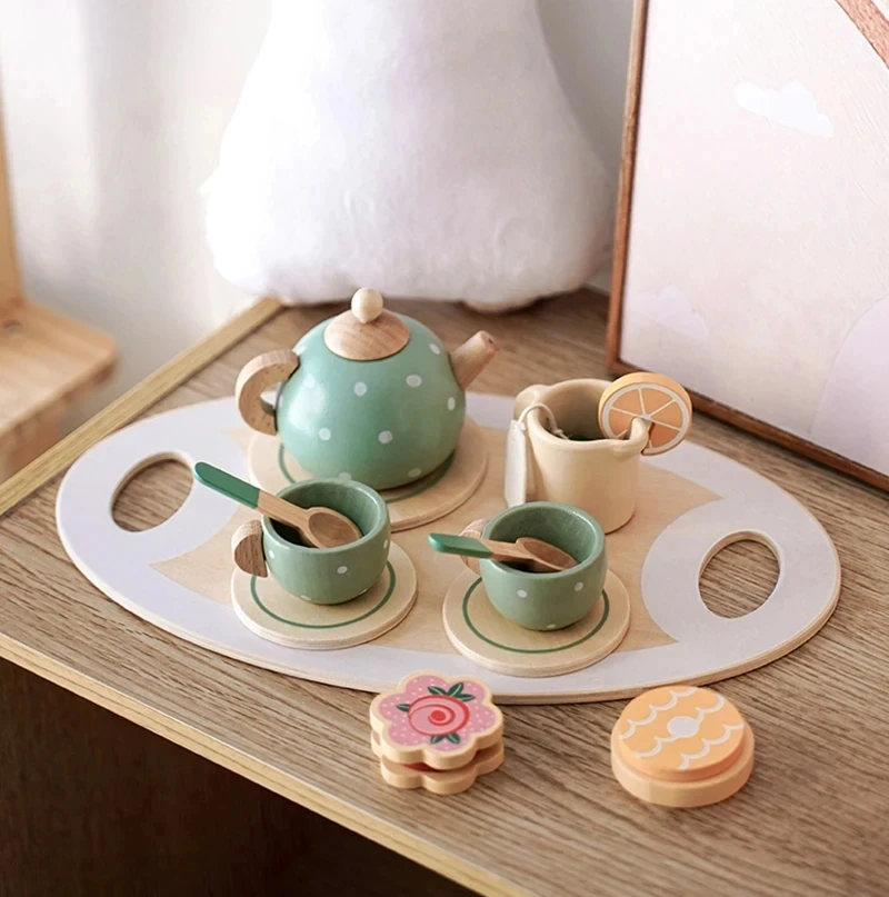 Wooden Afternoon Tea Set Toy Pretend Play Food Learning Role Play Game Early Educational Toys for Toddlers Girls Boys Kids Gifts thumbnail 5