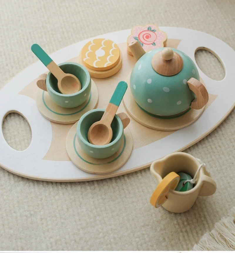Wooden Afternoon Tea Set Toy Pretend Play Food Learning Role Play Game Early Educational Toys for Toddlers Girls Boys Kids Gifts thumbnail 4