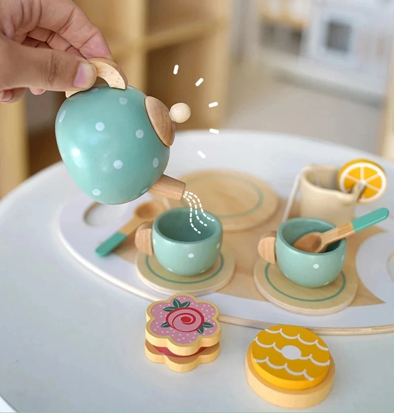 Wooden Afternoon Tea Set Toy Pretend Play Food Learning Role Play Game Early Educational Toys for Toddlers Girls Boys Kids Gifts thumbnail 2