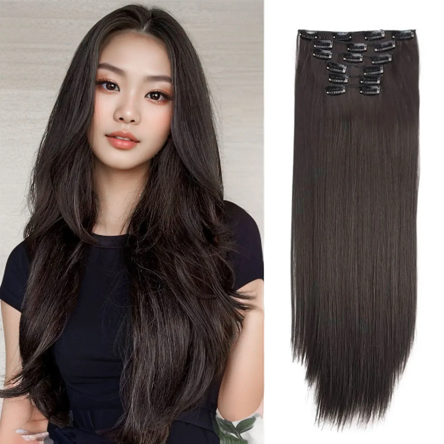 Synthetic 6PCS Clip in Hair Extensions Black Hair Straight Extensions for Women Layered Hair Extensions Heat Resistant Long Wavy