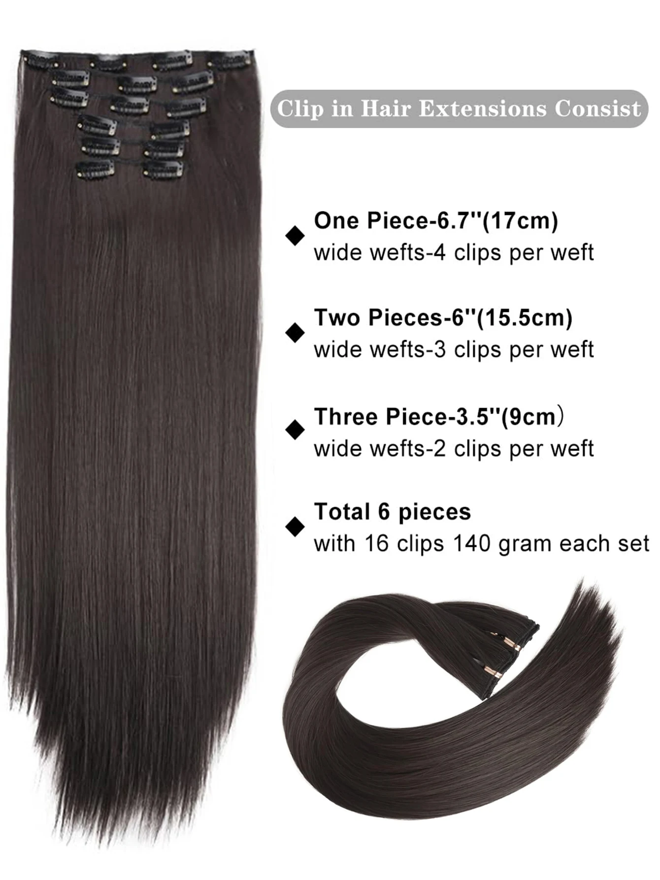 Synthetic 6PCS Clip in Hair Extensions Black Hair Straight Extensions for Women Layered Hair Extensions Heat Resistant Long Wavy thumbnail 3