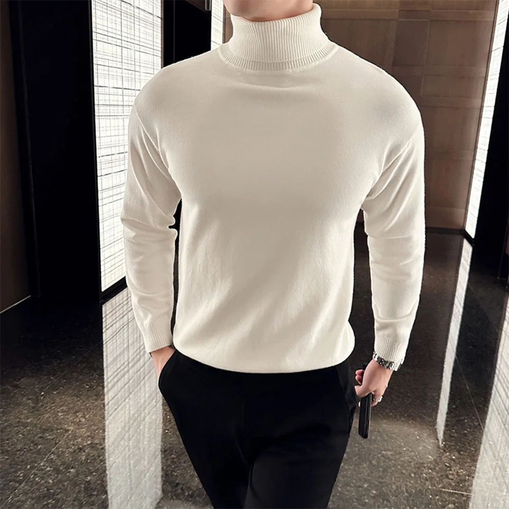 Korean Fashion Autumn Winter Sweaters Men Pullovers Fleece Turtleneck Knitted Sweatshirt Warm Bottoming Shirts thumbnail 2
