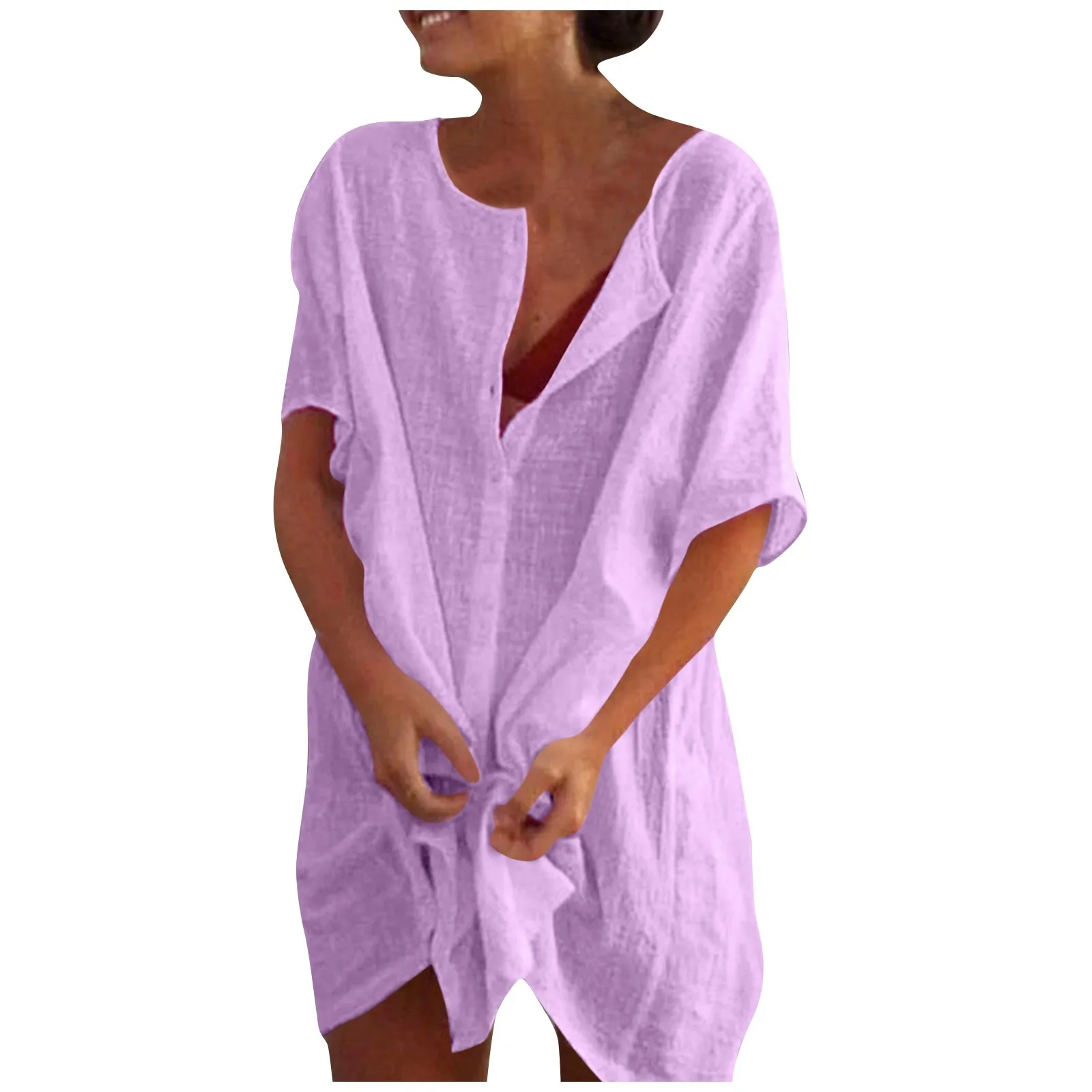 Cotton Linen Breathable And Comfortable Mid Length Oversized Button Down Half Sleeve O-neck Cardigan Casual Beach Suncreen Top thumbnail 2