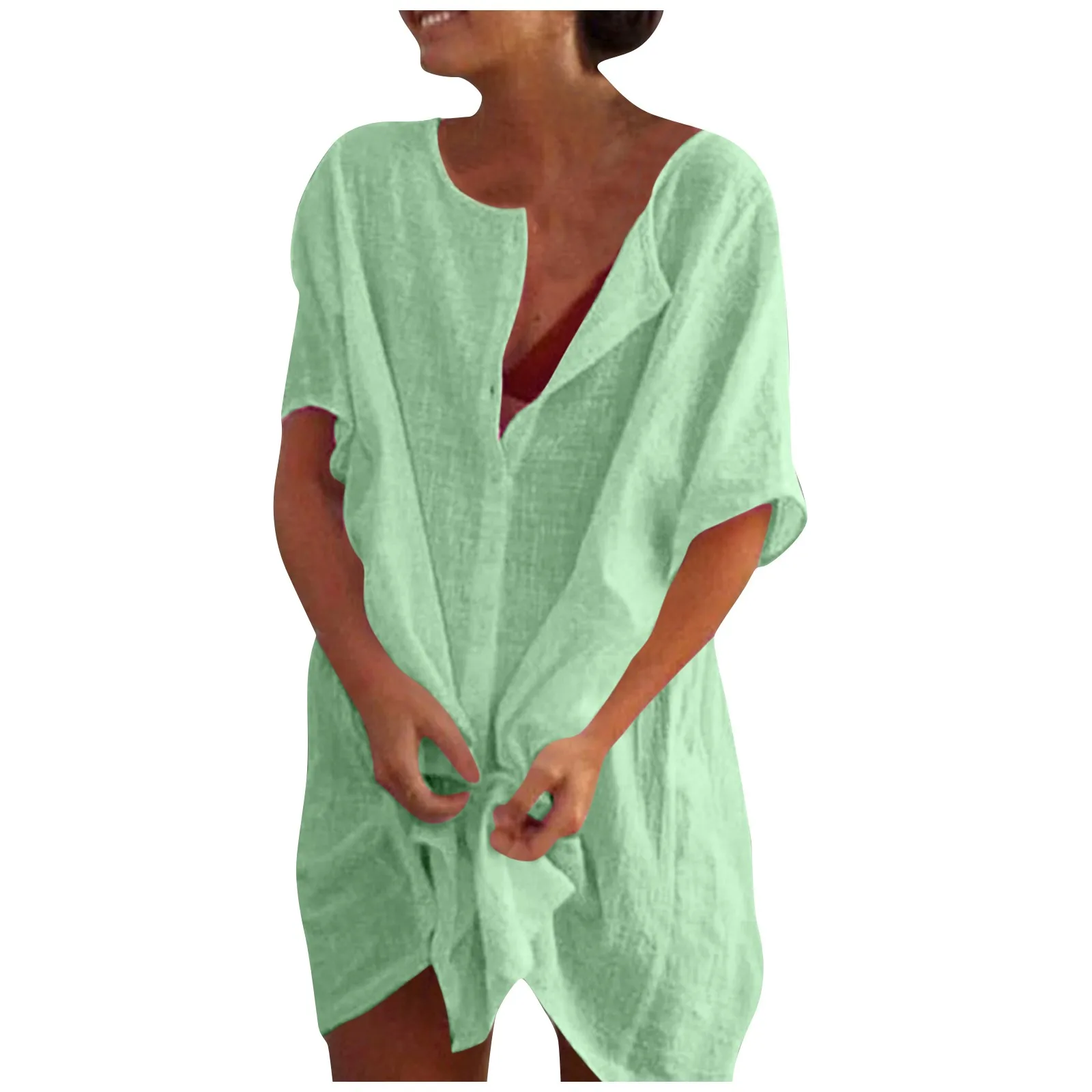 Cotton Linen Breathable And Comfortable Mid Length Oversized Button Down Half Sleeve O-neck Cardigan Casual Beach Suncreen Top thumbnail 4