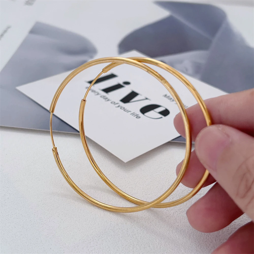 Gold Plated Smooth Round Circle Big Hoop Earrings for Women Size 12/25/30/40/50/60mm Stainless Steel Jewelry Accessories Gifts thumbnail 2