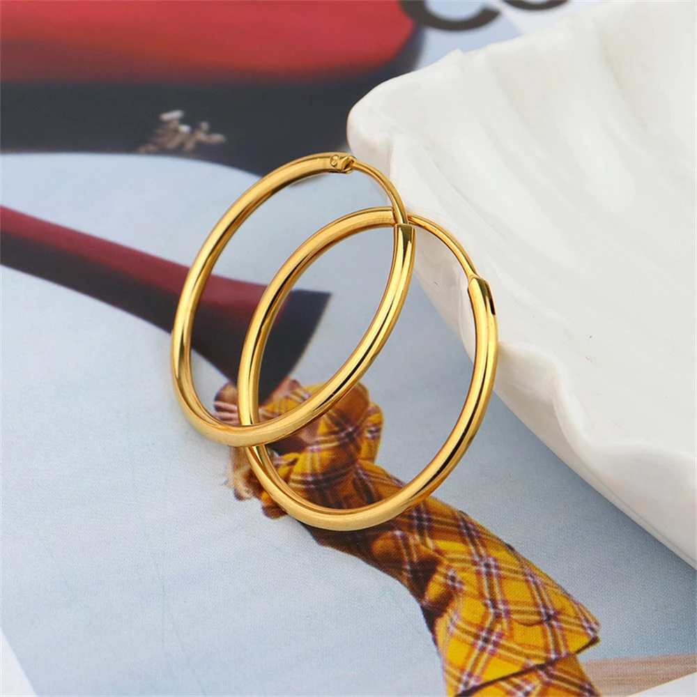 Gold Plated Smooth Round Circle Big Hoop Earrings for Women Size 12/25/30/40/50/60mm Stainless Steel Jewelry Accessories Gifts thumbnail 4
