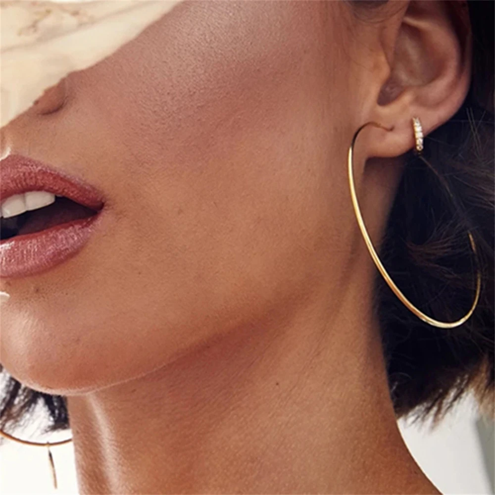 Gold Plated Smooth Round Circle Big Hoop Earrings for Women Size 12/25/30/40/50/60mm Stainless Steel Jewelry Accessories Gifts thumbnail 3