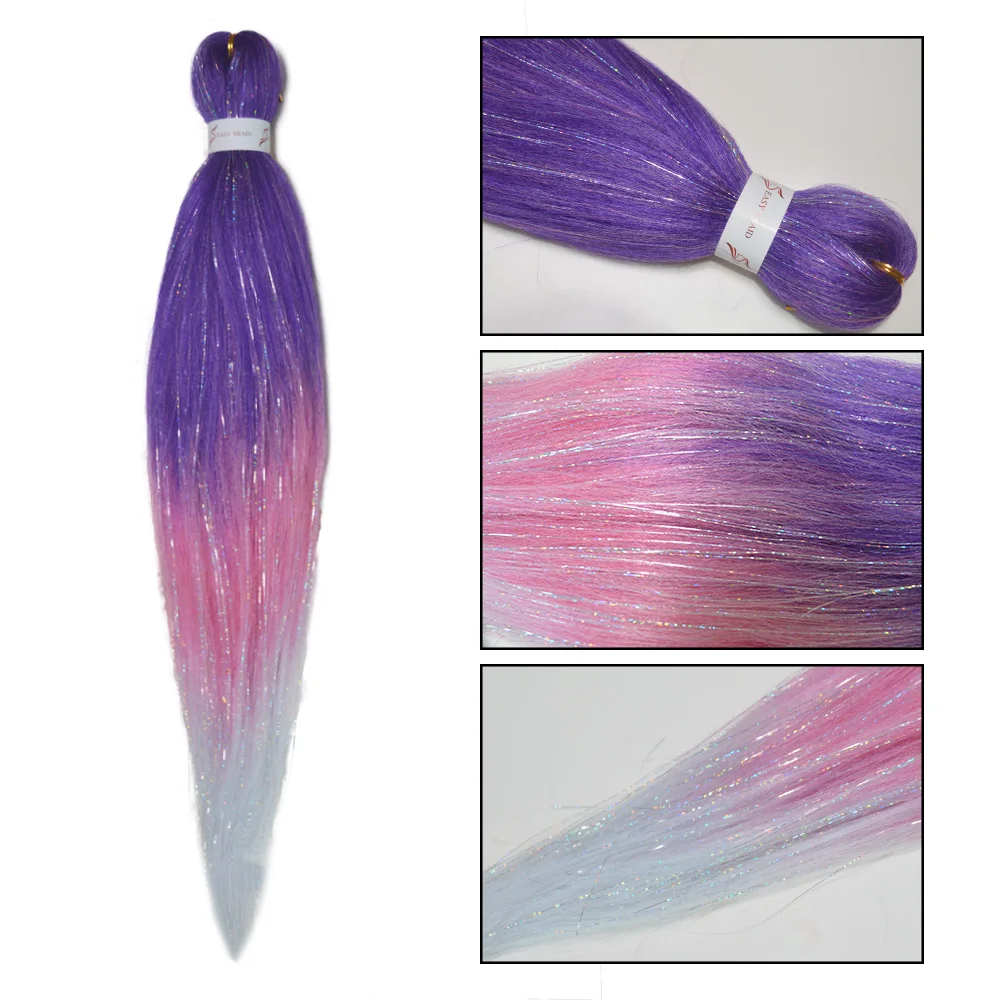 EZ Braids Synthetic Ombre Braiding Hair Add Tinsels 26 Inch Pre Stretched Colored Braids Rainbow Hairpieces For Women Girls Diy thumbnail 4