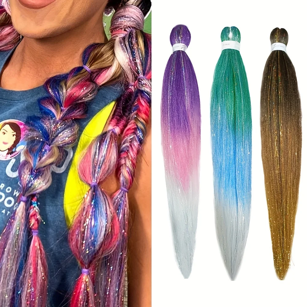 EZ Braids Synthetic Ombre Braiding Hair Add Tinsels 26 Inch Pre Stretched Colored Braids Rainbow Hairpieces For Women Girls Diy