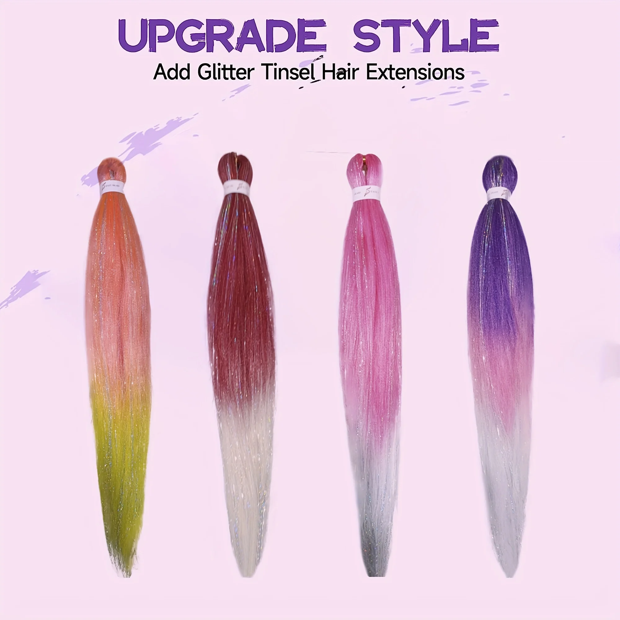 EZ Braids Synthetic Ombre Braiding Hair Add Tinsels 26 Inch Pre Stretched Colored Braids Rainbow Hairpieces For Women Girls Diy thumbnail 5
