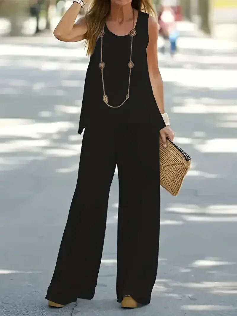 Plus Size 1XL-5XL Women's Casual Outfits Two Piece Set Solid Round Neck Tank Top  Wide Leg Pants Outfits 2 Piece Set thumbnail 2