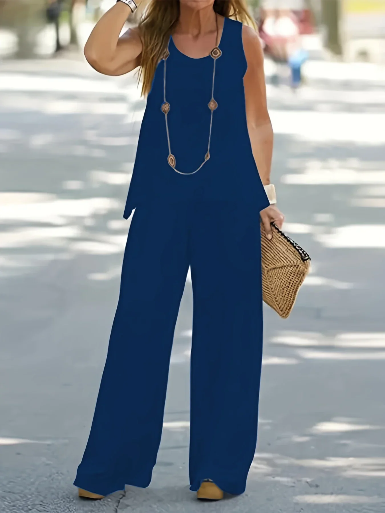 Plus Size 1XL-5XL Women's Casual Outfits Two Piece Set Solid Round Neck Tank Top  Wide Leg Pants Outfits 2 Piece Set thumbnail 4