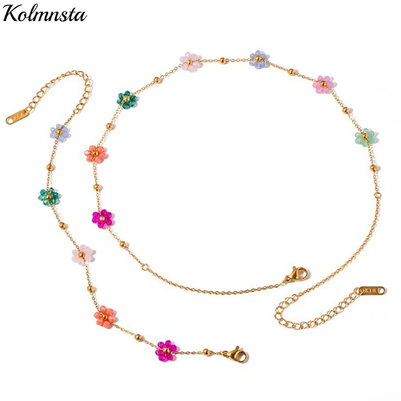 Kolmnsta Exquisite Colorful Flower Chain Necklace Bracelet Set For Women Gold Plated Titanium Steel Daisy Choker Necklace Gift thumbnail 6
