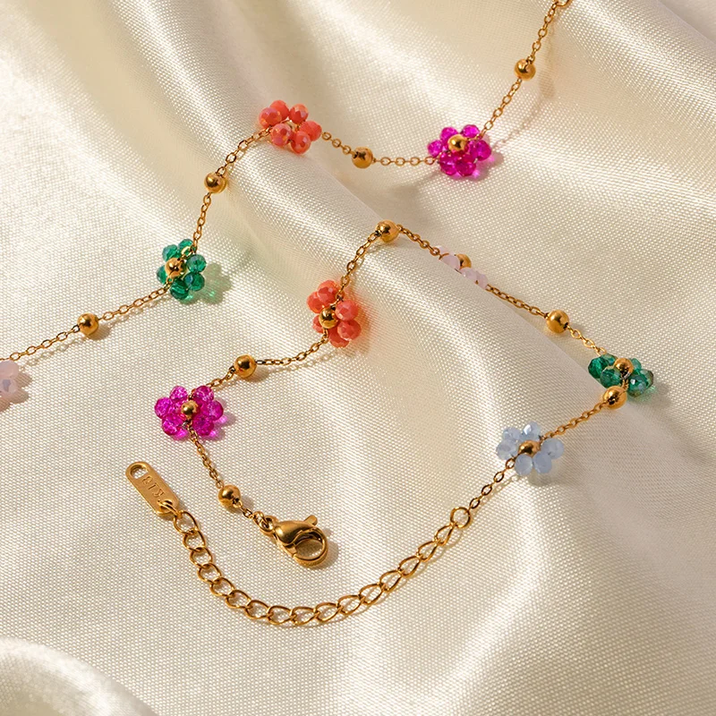 Kolmnsta Exquisite Colorful Flower Chain Necklace Bracelet Set For Women Gold Plated Titanium Steel Daisy Choker Necklace Gift thumbnail 2