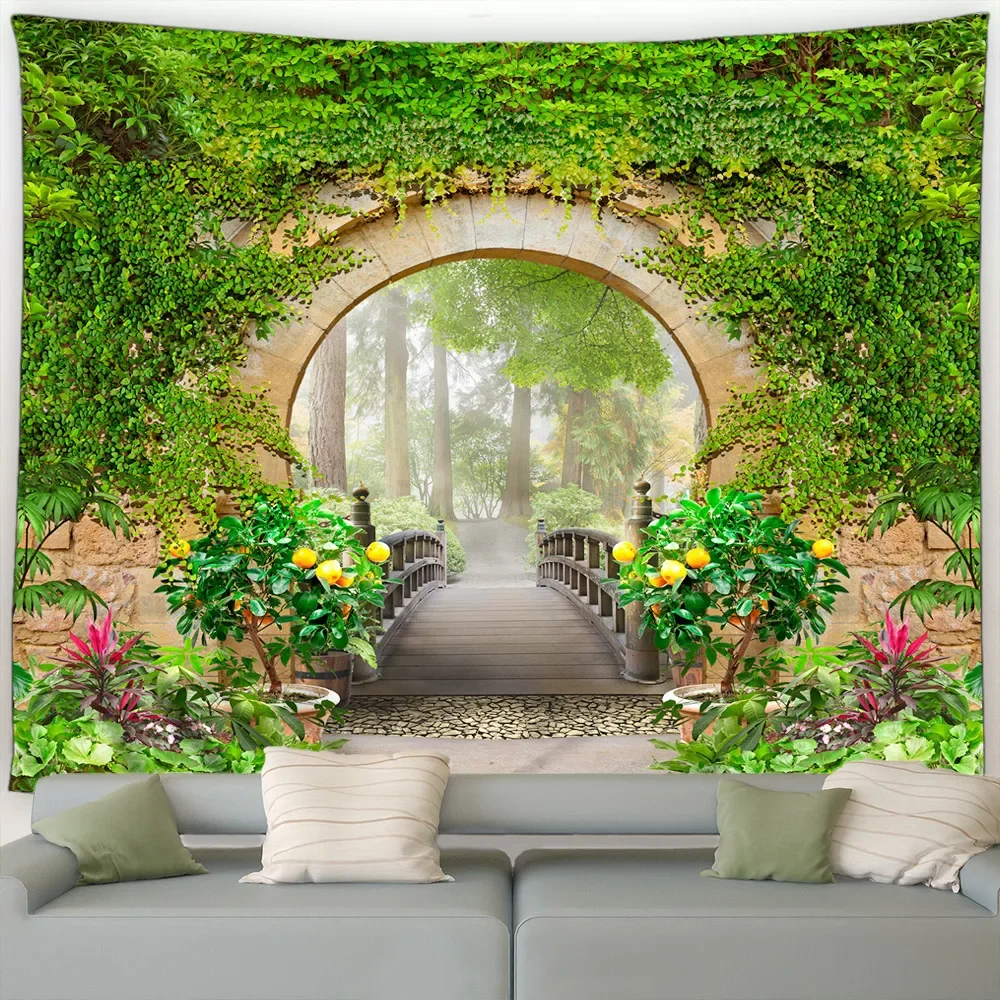 Italian Street Floral Tapestry Vintage Architecture Garden Flowers Plants Scenery Home Living Room Courtyard Decor Wall Hanging thumbnail 4