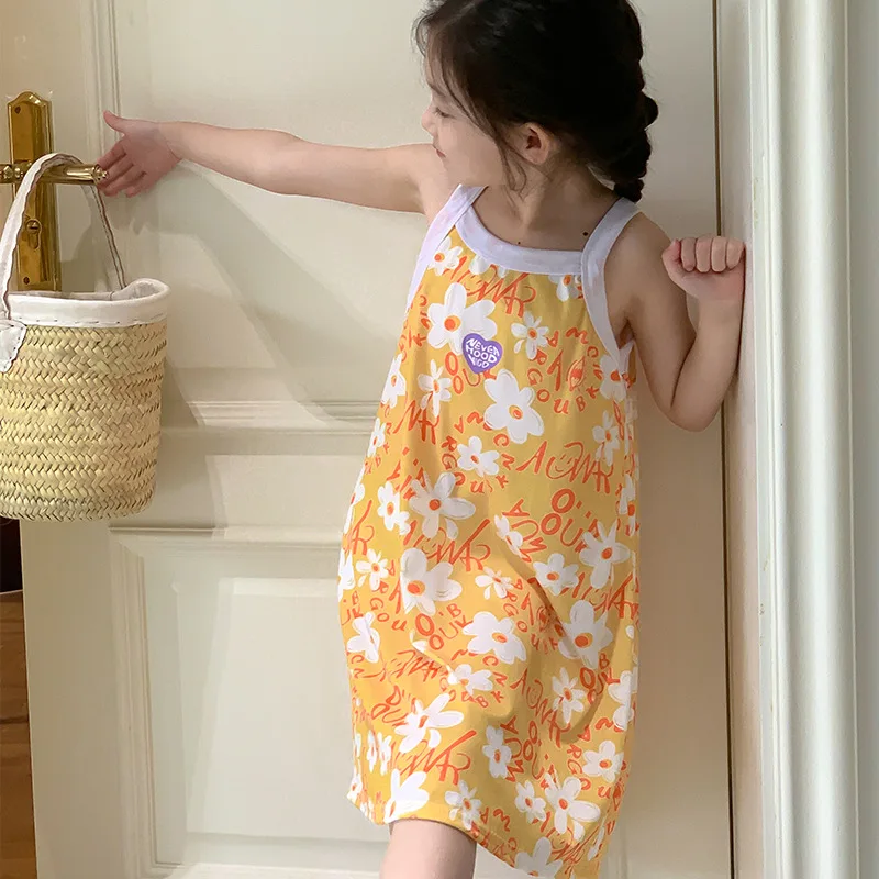Kids Girls 100% Cotton Nightgown Cartoon Nightdress Girl Sleepwear Nightie Summer Sleeveless Cats Nightwear Children Clothes thumbnail 2