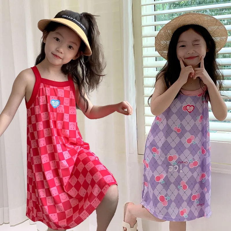 Kids Girls 100% Cotton Nightgown Cartoon Nightdress Girl Sleepwear Nightie Summer Sleeveless Cats Nightwear Children Clothes thumbnail 3