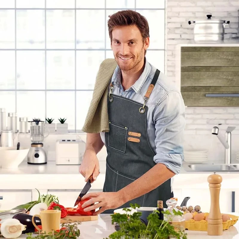 Household Canvas Apron Oil-proof Can Wipe Hands Kitchen CookingMen Women Adult with Tool Pockets Fashion Coffee Over Apron thumbnail 2