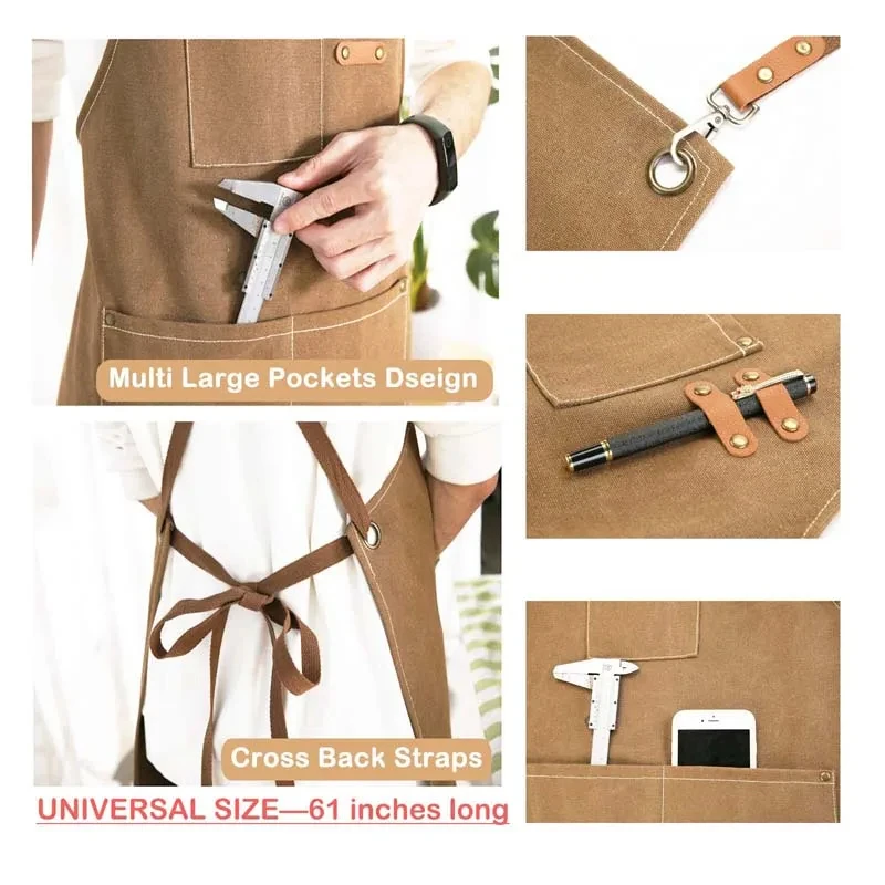 Household Canvas Apron Oil-proof Can Wipe Hands Kitchen CookingMen Women Adult with Tool Pockets Fashion Coffee Over Apron thumbnail 6