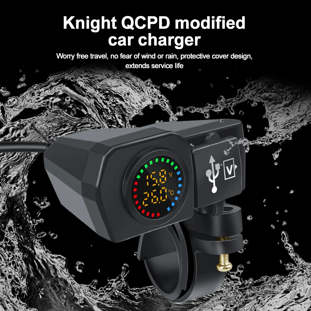 60W QC3.0+PD Motorcycle Handlebar & Rear Mirror With Digital Voltmeter Thermometer USB Socket Fast Charger Phone Power Adapter thumbnail 3