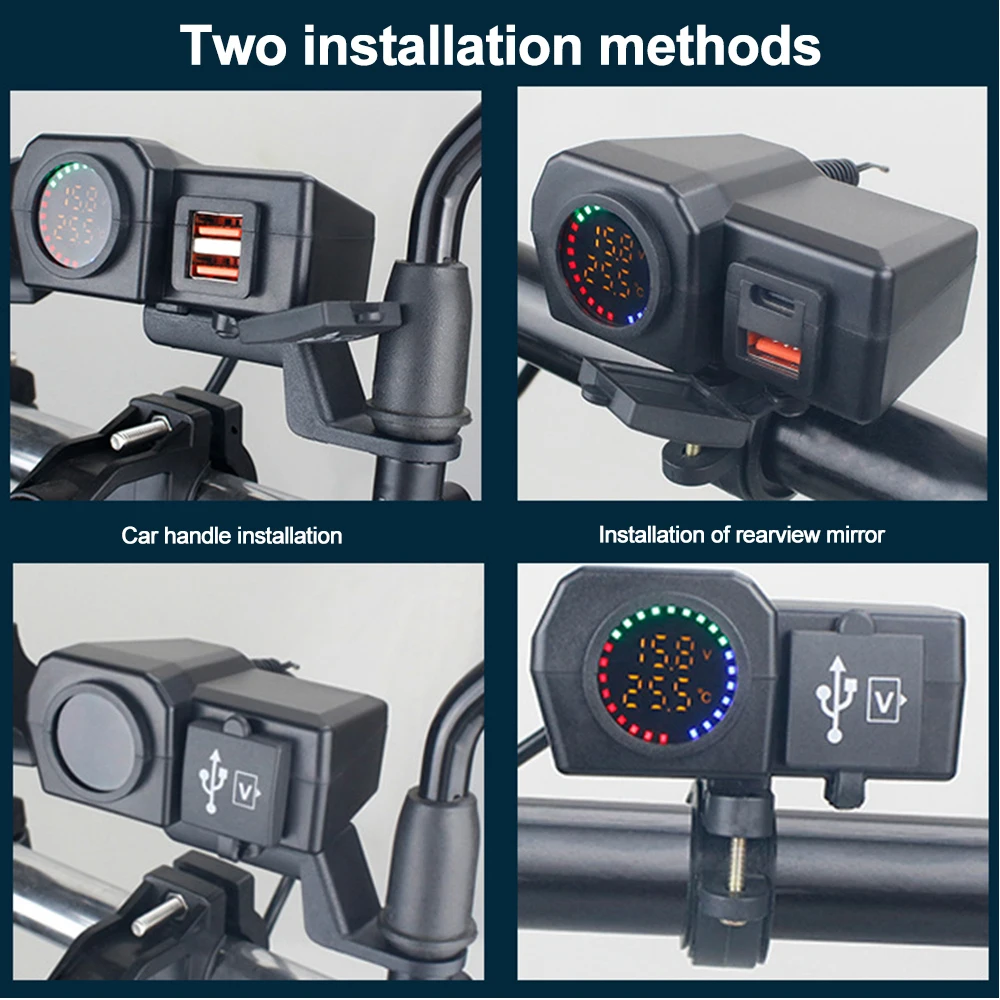 60W QC3.0+PD Motorcycle Handlebar & Rear Mirror With Digital Voltmeter Thermometer USB Socket Fast Charger Phone Power Adapter thumbnail 6