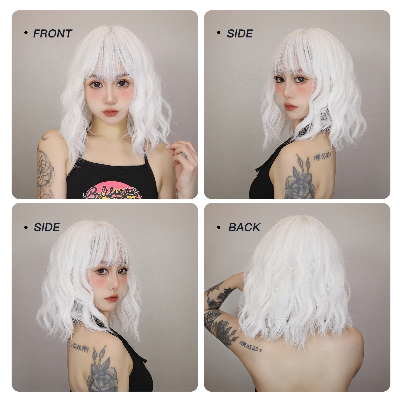 Short Curly Wavy White Synthetic Wig White Lolita Hair Wig with Bangs for Women Natural Cosplay Party Halloween Heat Resistant thumbnail 5