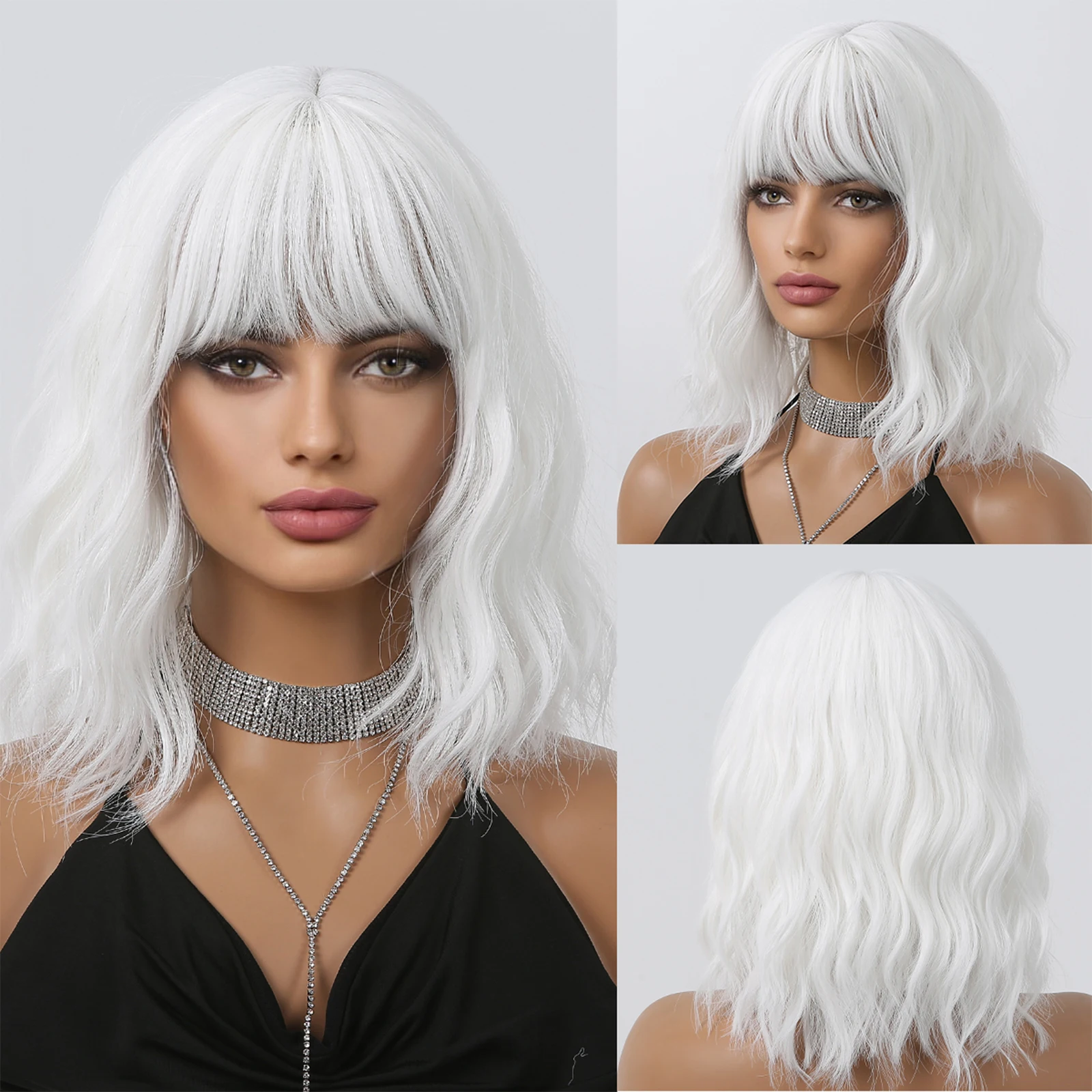 Short Curly Wavy White Synthetic Wig White Lolita Hair Wig with Bangs for Women Natural Cosplay Party Halloween Heat Resistant thumbnail 2