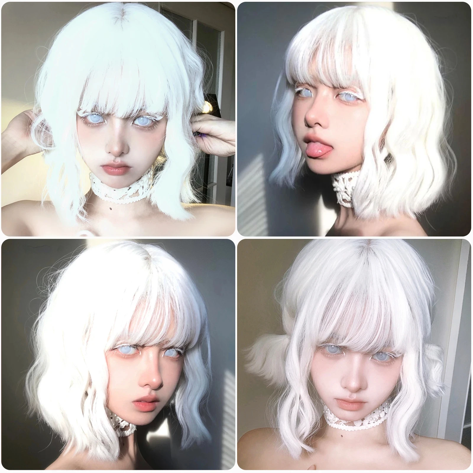 Short Curly Wavy White Synthetic Wig White Lolita Hair Wig with Bangs for Women Natural Cosplay Party Halloween Heat Resistant thumbnail 6