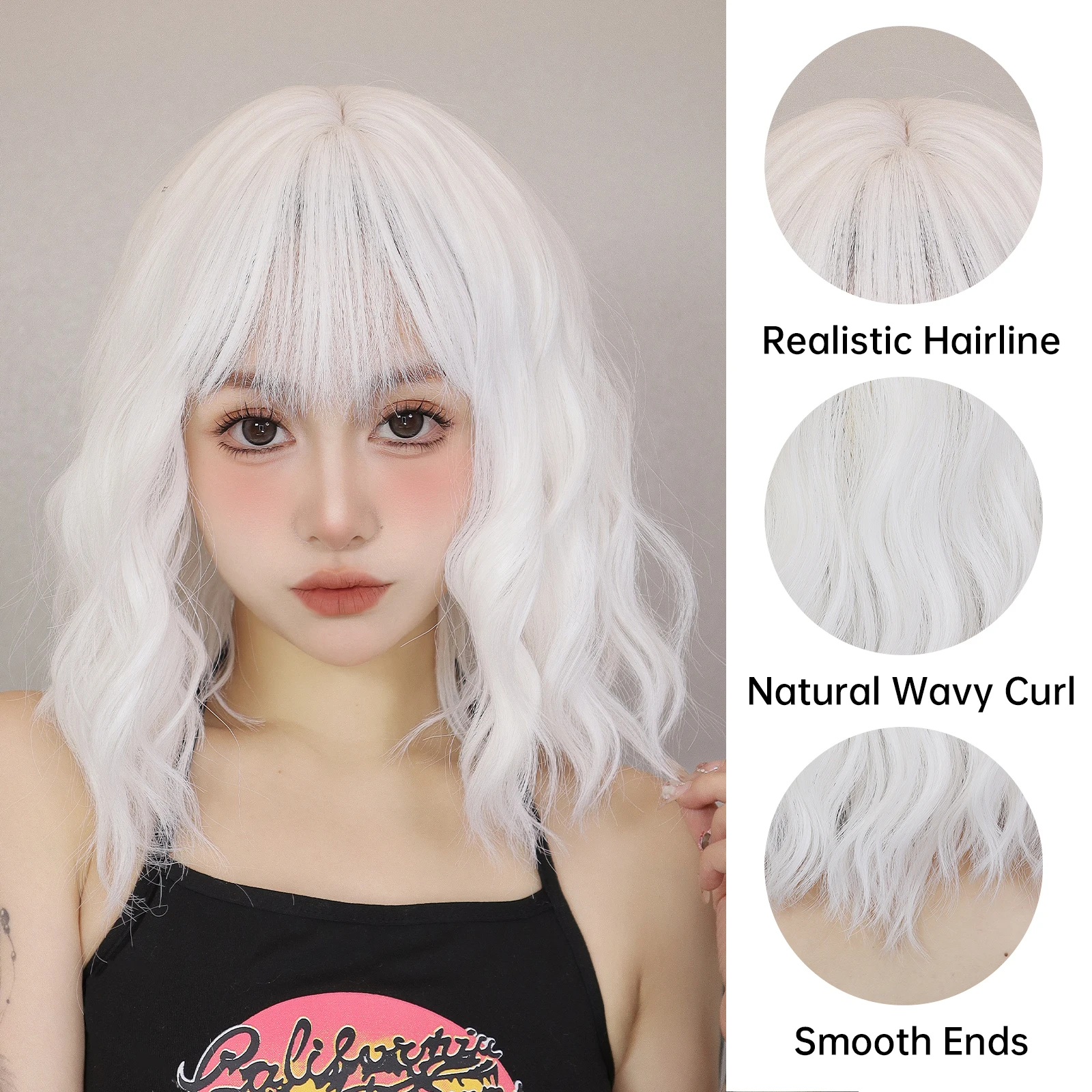 Short Curly Wavy White Synthetic Wig White Lolita Hair Wig with Bangs for Women Natural Cosplay Party Halloween Heat Resistant thumbnail 4