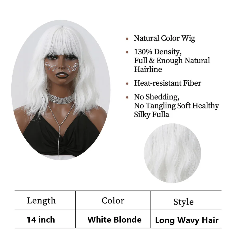 Short Curly Wavy White Synthetic Wig White Lolita Hair Wig with Bangs for Women Natural Cosplay Party Halloween Heat Resistant thumbnail 3